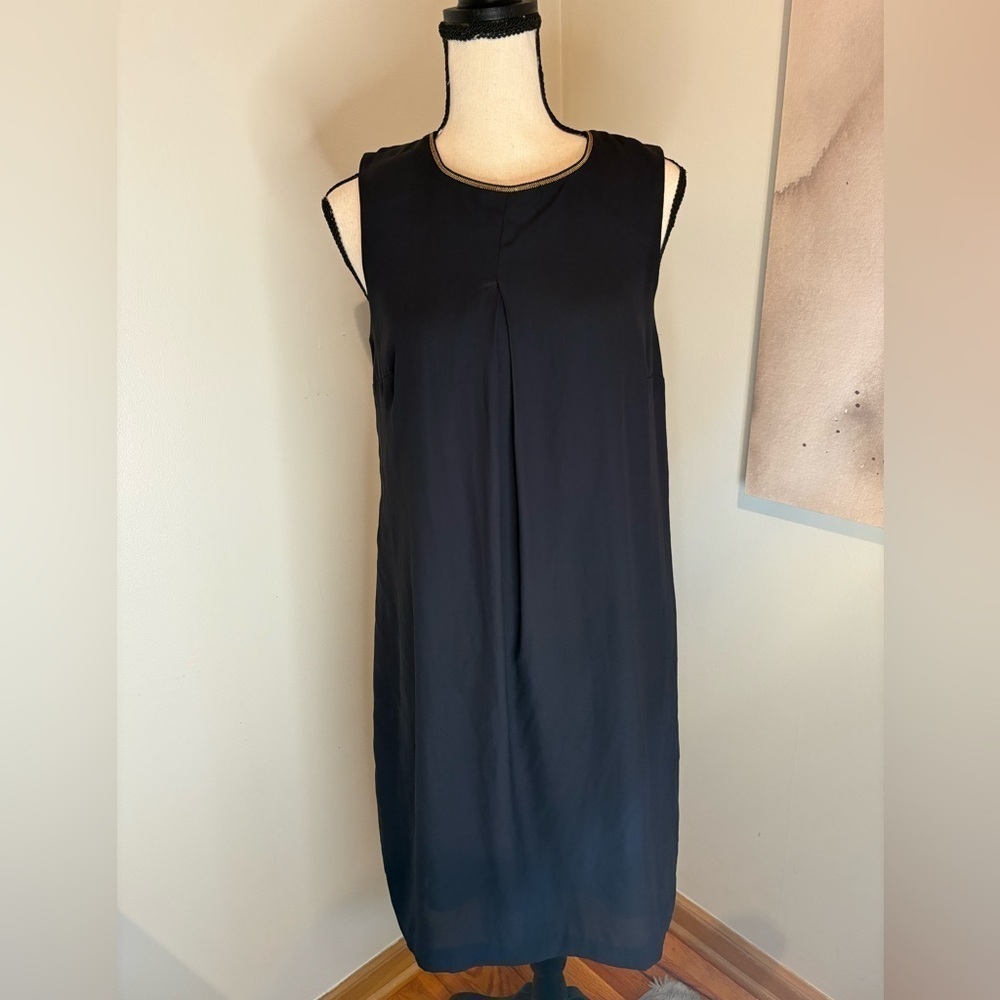 H&M Sleeveless Navy Lined Dress w/ Gold Beaded Neckline Women’s Size 6